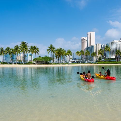 Family kayaking together in colorful kayaks on calm Waikiki lagoon with palm trees and resort beach
